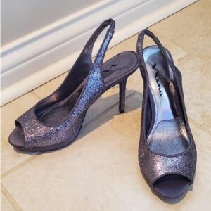 Touch of Nina Fallon Glitter deep silver satin sling back peep toe heels. Sz.7.5